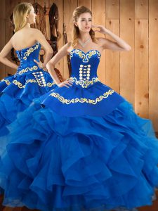 On Sale Floor Length Blue Quince Ball Gowns Sweetheart Sleeveless Lace Up