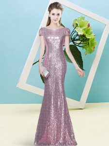 Sequins Prom Evening Gown Pink Zipper Cap Sleeves Floor Length