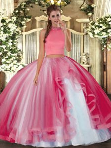 Coral Red Sweet 16 Dress Military Ball and Sweet 16 and Quinceanera with Beading and Ruffles Halter Top Sleeveless Backl
