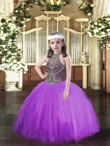 Eggplant Purple Ball Gowns Halter Top Sleeveless Tulle Floor Length Lace Up Beading Pageant Gowns
