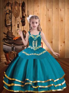 Best Straps Sleeveless Little Girls Pageant Gowns Floor Length Embroidery and Ruffled Layers Teal Organza