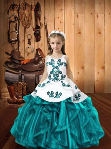 Floor Length Ball Gowns Sleeveless Teal Girls Pageant Dresses Lace Up