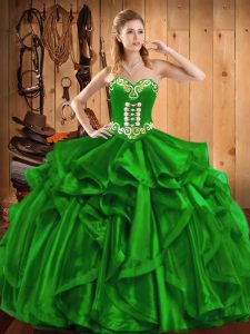 Glorious Green Sweetheart Lace Up Embroidery and Ruffles Sweet 16 Dresses Sleeveless
