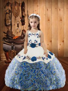 Multi-color Lace Up Straps Embroidery and Ruffles Child Pageant Dress Fabric With Rolling Flowers Sleeveless