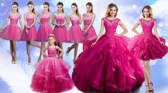 Fuchsia Scoop Lace Up Beading and Ruffles Ball Gown Prom Dress Sleeveless