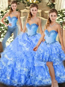 Light Blue Lace Up Ball Gown Prom Dress Beading and Ruffles Sleeveless Floor Length