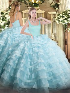Exquisite Floor Length Light Blue Quinceanera Gowns Organza Sleeveless Beading and Ruffled Layers