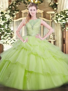 High Class Sleeveless Tulle Floor Length Backless Sweet 16 Dresses in Yellow Green with Beading and Ruffled Layers