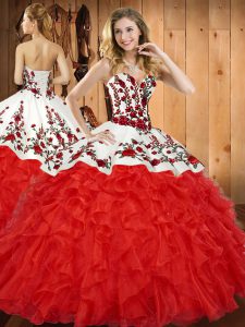 Satin and Organza Sweetheart Sleeveless Lace Up Embroidery and Ruffles Sweet 16 Dresses in Wine Red