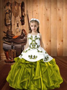 Sleeveless Floor Length Embroidery and Ruffles Lace Up Pageant Gowns For Girls with Olive Green