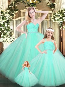 Sleeveless Floor Length Beading and Lace Lace Up Quinceanera Gowns with Apple Green