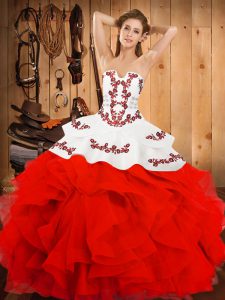 Romantic Sleeveless Satin and Organza Floor Length Lace Up 15 Quinceanera Dress in White And Red with Embroidery and Ruf