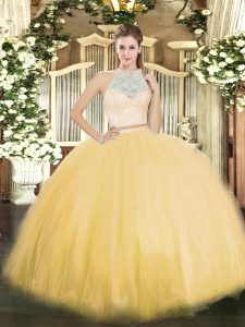 Gold Two Pieces Scoop Sleeveless Tulle Floor Length Zipper Lace Ball Gown Prom Dress