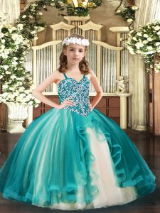Custom Design Beading Little Girl Pageant Gowns Teal Lace Up Sleeveless Floor Length