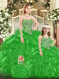 Floor Length Lace Up Ball Gown Prom Dress Green for Military Ball and Sweet 16 and Quinceanera with Beading and Ruffles 
