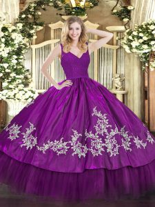 Beauteous Fuchsia V-neck Backless Beading and Lace and Appliques 15th Birthday Dress Sleeveless