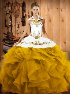 Clearance Gold Sleeveless Floor Length Embroidery and Ruffles Lace Up 15 Quinceanera Dress