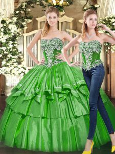Suitable Green Strapless Neckline Beading and Ruffled Layers Quinceanera Gowns Sleeveless Lace Up