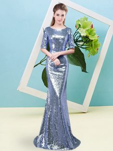 Eye-catching Scoop Half Sleeves Zipper Prom Dress Blue Sequined