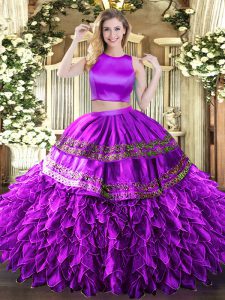 Eggplant Purple Sleeveless Tulle Criss Cross Quinceanera Dress for Military Ball and Sweet 16 and Quinceanera