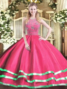 Charming Ball Gowns Sweet 16 Dress Hot Pink Halter Top Tulle Sleeveless Floor Length Zipper