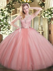 Extravagant Baby Pink Sleeveless Floor Length Lace Backless Sweet 16 Dresses
