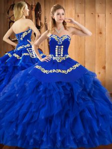 Blue Ball Gowns Embroidery and Ruffles Quinceanera Dress Lace Up Satin and Organza Sleeveless Floor Length