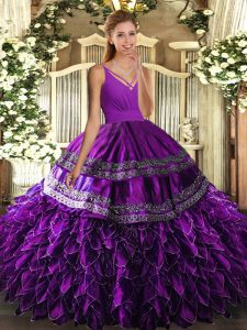 Floor Length Eggplant Purple Sweet 16 Dress V-neck Sleeveless Lace Up