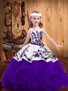 Amazing Floor Length White And Purple Pageant Gowns For Girls Straps Sleeveless Lace Up