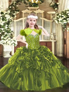 Fashion Sleeveless Organza Floor Length Lace Up Pageant Gowns For Girls in Olive Green with Beading and Ruffles