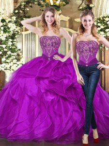 Affordable Sleeveless Floor Length Beading and Ruffles Lace Up Quinceanera Gowns with Purple