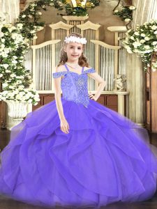 Lavender Off The Shoulder Neckline Beading and Ruffles Pageant Gowns For Girls Sleeveless Lace Up