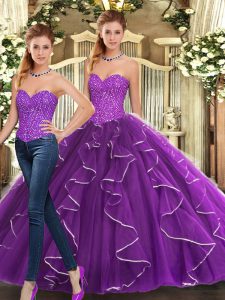 Ideal Eggplant Purple Sweetheart Lace Up Beading and Ruffles Quinceanera Dress Sleeveless