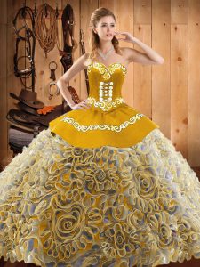 Exceptional Multi-color Lace Up Sweetheart Embroidery 15th Birthday Dress Satin and Fabric With Rolling Flowers Sleevele