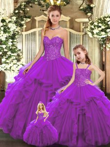 Graceful Eggplant Purple Lace Up Sweetheart Beading and Ruffles Quinceanera Dress Organza Sleeveless