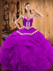 Exquisite Ball Gowns Vestidos de Quinceanera Eggplant Purple Sweetheart Satin and Organza Sleeveless Floor Length Lace U