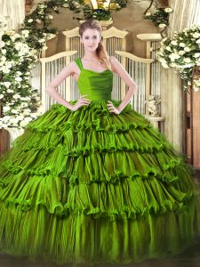 Sleeveless Organza Floor Length Zipper Quinceanera Dresses in Olive Green with Ruffled Layers