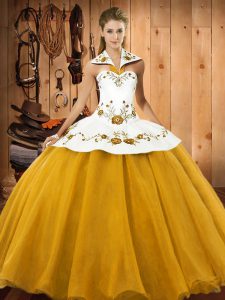 Fashionable Gold Halter Top Neckline Embroidery Quinceanera Gowns Sleeveless Lace Up