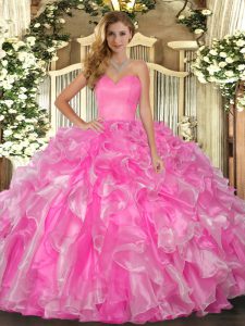 Fantastic Rose Pink Organza Lace Up Sweetheart Sleeveless Floor Length Ball Gown Prom Dress Beading and Ruffles