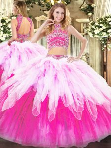 Tulle High-neck Sleeveless Backless Beading and Ruffles 15th Birthday Dress in Multi-color