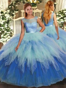 Scoop Sleeveless Quince Ball Gowns Floor Length Ruffles Multi-color Tulle