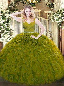 Ball Gowns Ball Gown Prom Dress Olive Green V-neck Tulle Sleeveless Floor Length Zipper