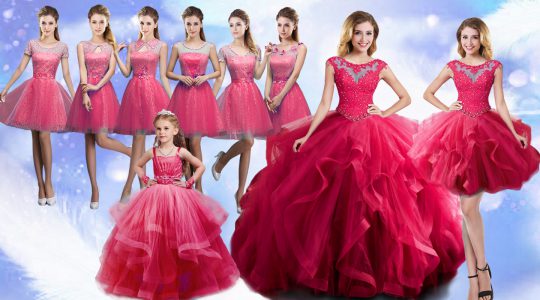 Beautiful Scoop Sleeveless Lace Up Quinceanera Dresses Hot Pink Organza