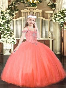 Floor Length Coral Red Little Girl Pageant Dress Off The Shoulder Sleeveless Lace Up
