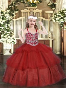 Straps Sleeveless Organza Pageant Dress for Girls Beading and Ruffled Layers Lace Up