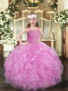 Admirable Rose Pink Sleeveless Organza Lace Up Girls Pageant Dresses for Party