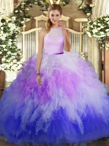 High-neck Sleeveless Backless 15 Quinceanera Dress Multi-color Tulle