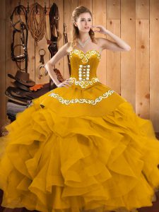 Inexpensive Gold Satin and Organza Lace Up Sweetheart Sleeveless Floor Length Quinceanera Dresses Embroidery and Ruffles