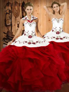 Halter Top Sleeveless Lace Up Quince Ball Gowns Wine Red Satin and Organza