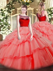 Enchanting Sleeveless Organza Floor Length Zipper Quinceanera Dresses in Watermelon Red with Beading and Appliques